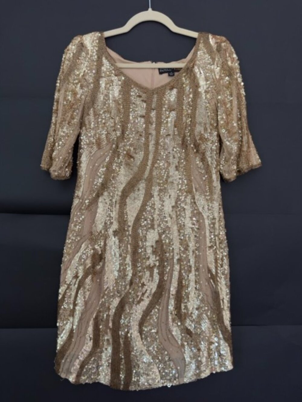 ADRIANNA PAPELL 100% Silk Gold Sequin Beaded Mini Dress